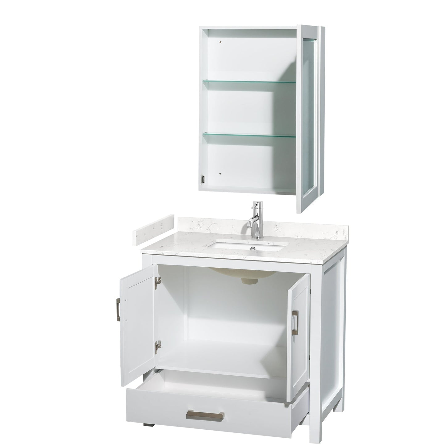 Wyndham Collection Sheffield 36" Single Bathroom Vanity in White, Carrara Cultured Marble Countertop, Undermount Square Sink, Medicine Cabinet