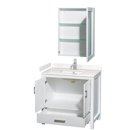 Wyndham Collection Sheffield 36" Single Bathroom Vanity in White, Carrara Cultured Marble Countertop, Undermount Square Sink, Medicine Cabinet