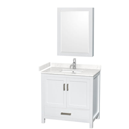 Wyndham Collection Sheffield 36" Single Bathroom Vanity in White, Carrara Cultured Marble Countertop, Undermount Square Sink, Medicine Cabinet