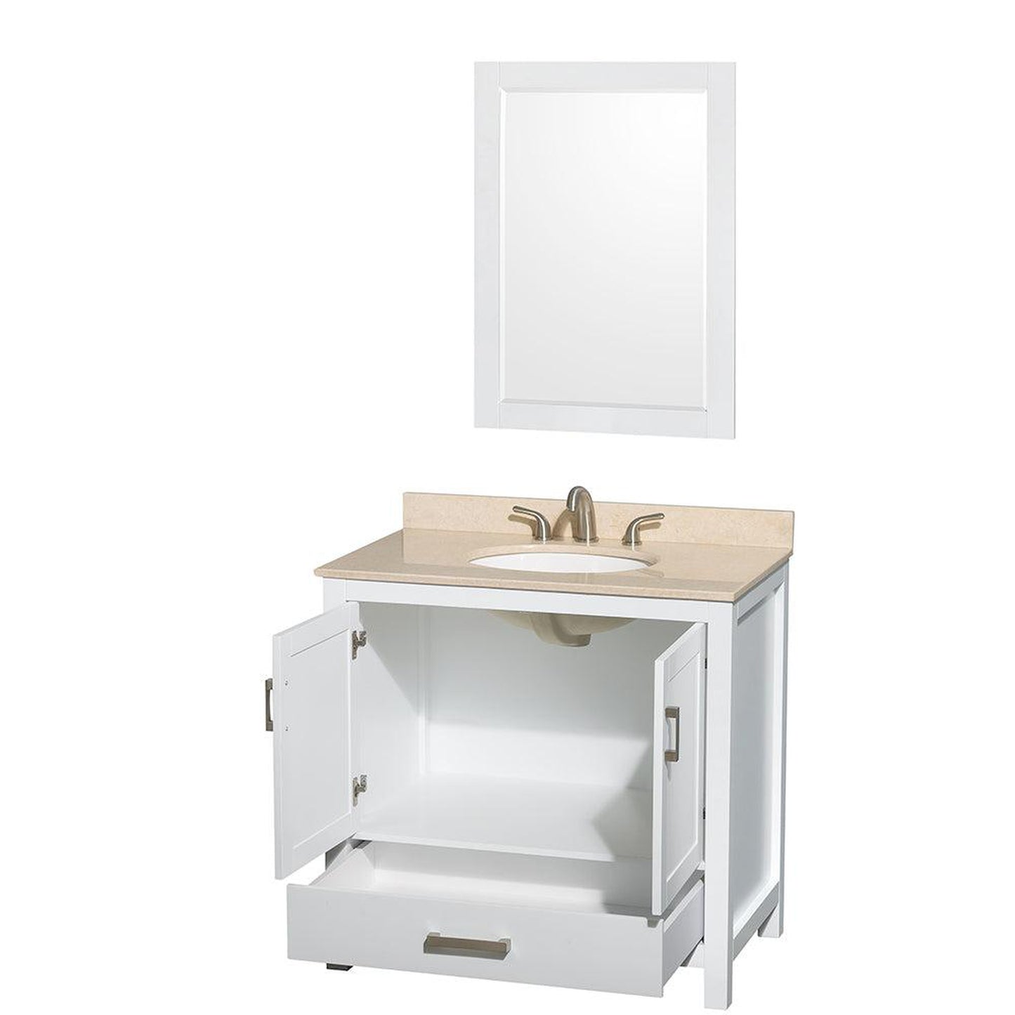 Wyndham Collection Sheffield 36" Single Bathroom Vanity in White, Ivory Marble Countertop, Undermount Oval Sink, and 24" Mirror