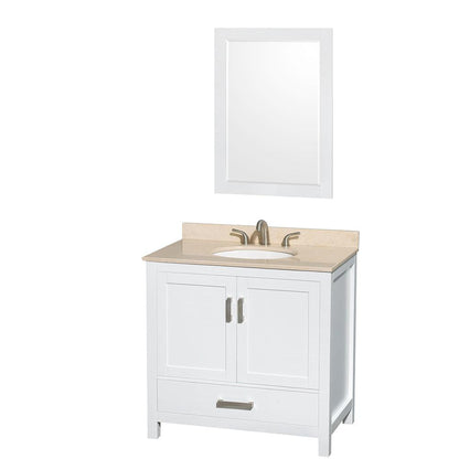 Wyndham Collection Sheffield 36" Single Bathroom Vanity in White, Ivory Marble Countertop, Undermount Oval Sink, and 24" Mirror