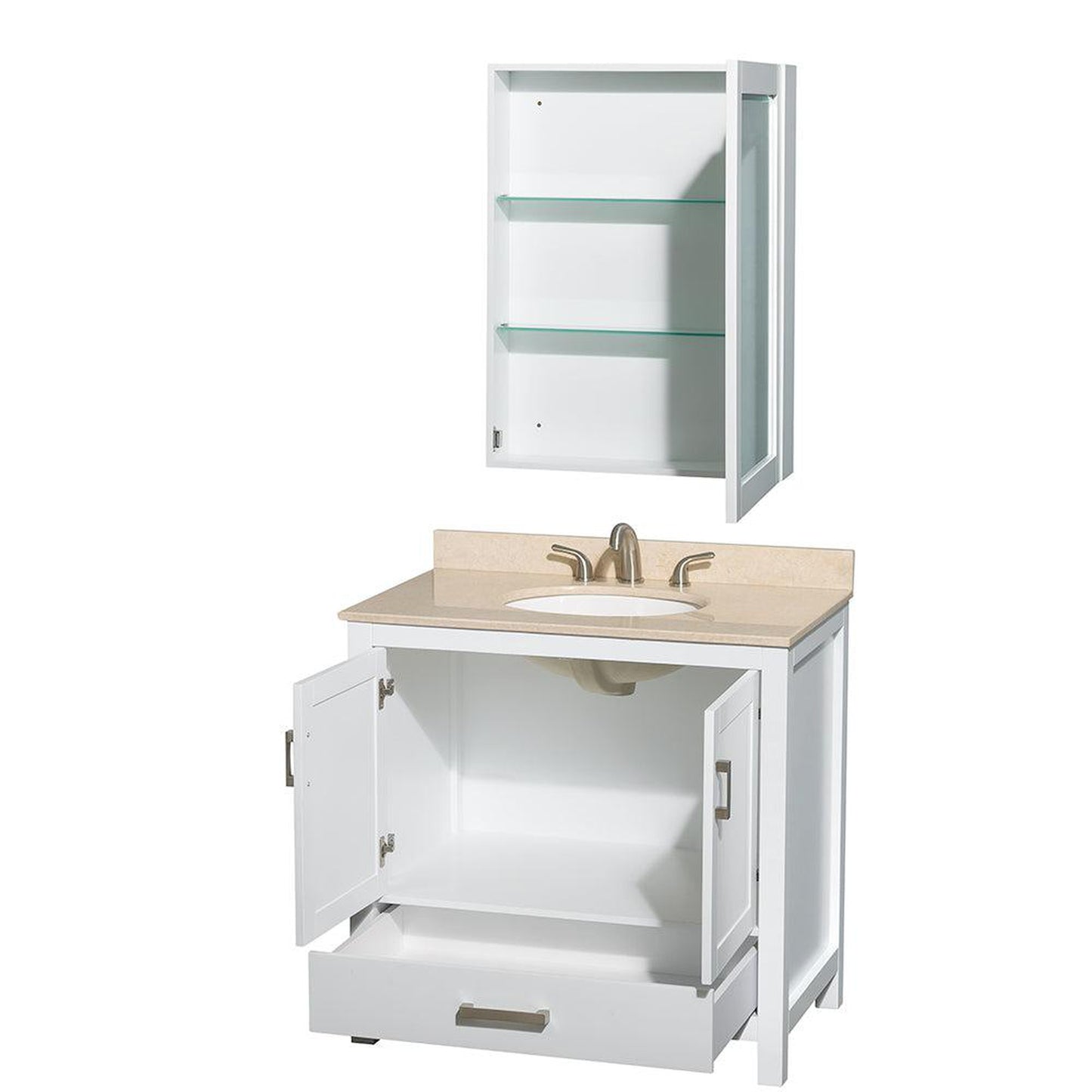 Wyndham Collection Sheffield 36" Single Bathroom Vanity in White, Ivory Marble Countertop, Undermount Oval Sink, and Medicine Cabinet