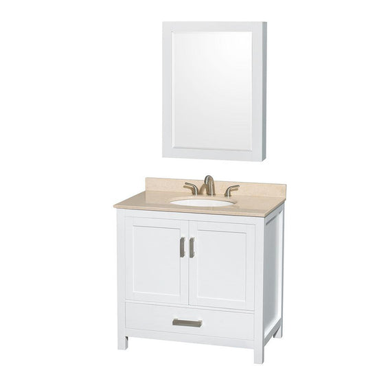 Wyndham Collection Sheffield 36" Single Bathroom Vanity in White, Ivory Marble Countertop, Undermount Oval Sink, and Medicine Cabinet