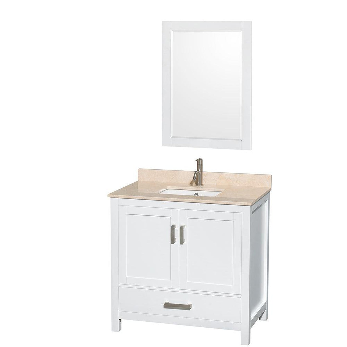 Wyndham Collection Sheffield 36" Single Bathroom Vanity in White, Ivory Marble Countertop, Undermount Square Sink, and 24" Mirror
