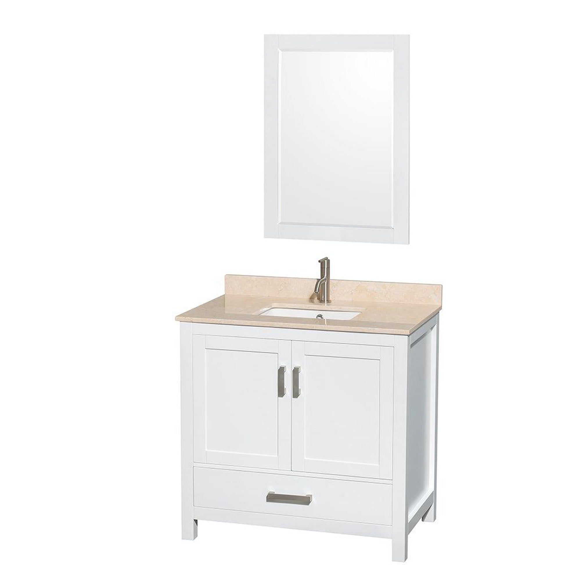 Wyndham Collection Sheffield 36" Single Bathroom Vanity in White, Ivory Marble Countertop, Undermount Square Sink, and 24" Mirror