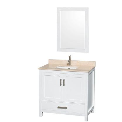 Wyndham Collection Sheffield 36" Single Bathroom Vanity in White, Ivory Marble Countertop, Undermount Square Sink, and 24" Mirror