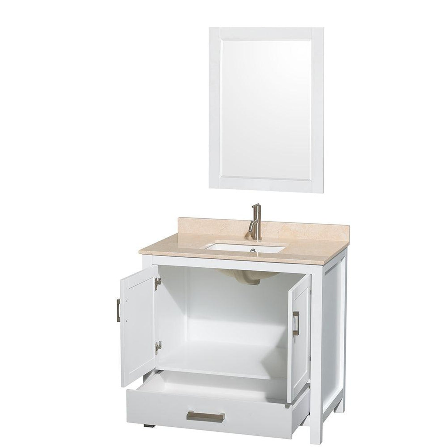 Wyndham Collection Sheffield 36" Single Bathroom Vanity in White, Ivory Marble Countertop, Undermount Square Sink, and 24" Mirror