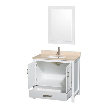 Wyndham Collection Sheffield 36" Single Bathroom Vanity in White, Ivory Marble Countertop, Undermount Square Sink, and 24" Mirror
