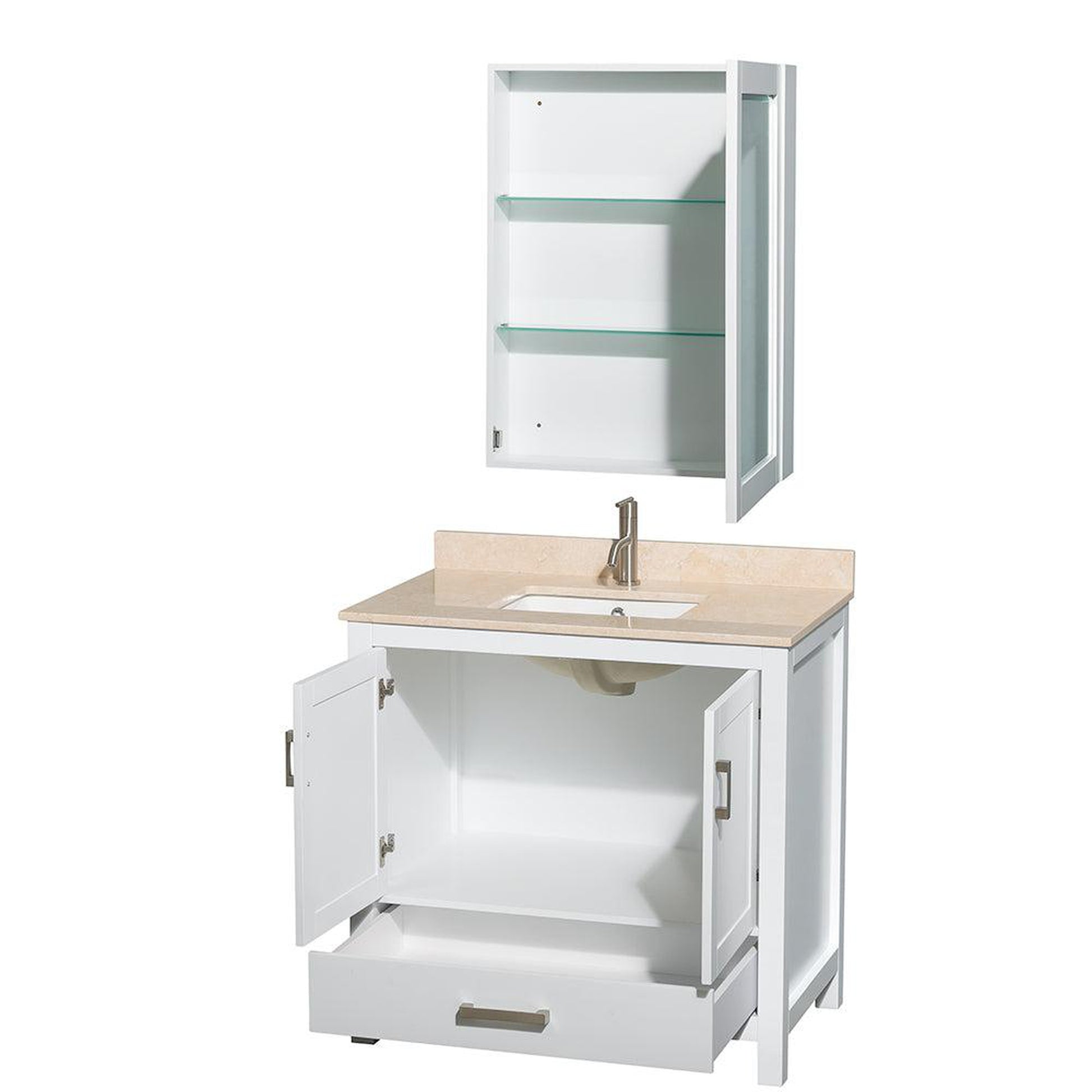 Wyndham Collection Sheffield 36" Single Bathroom Vanity in White, Ivory Marble Countertop, Undermount Square Sink, and Medicine Cabinet