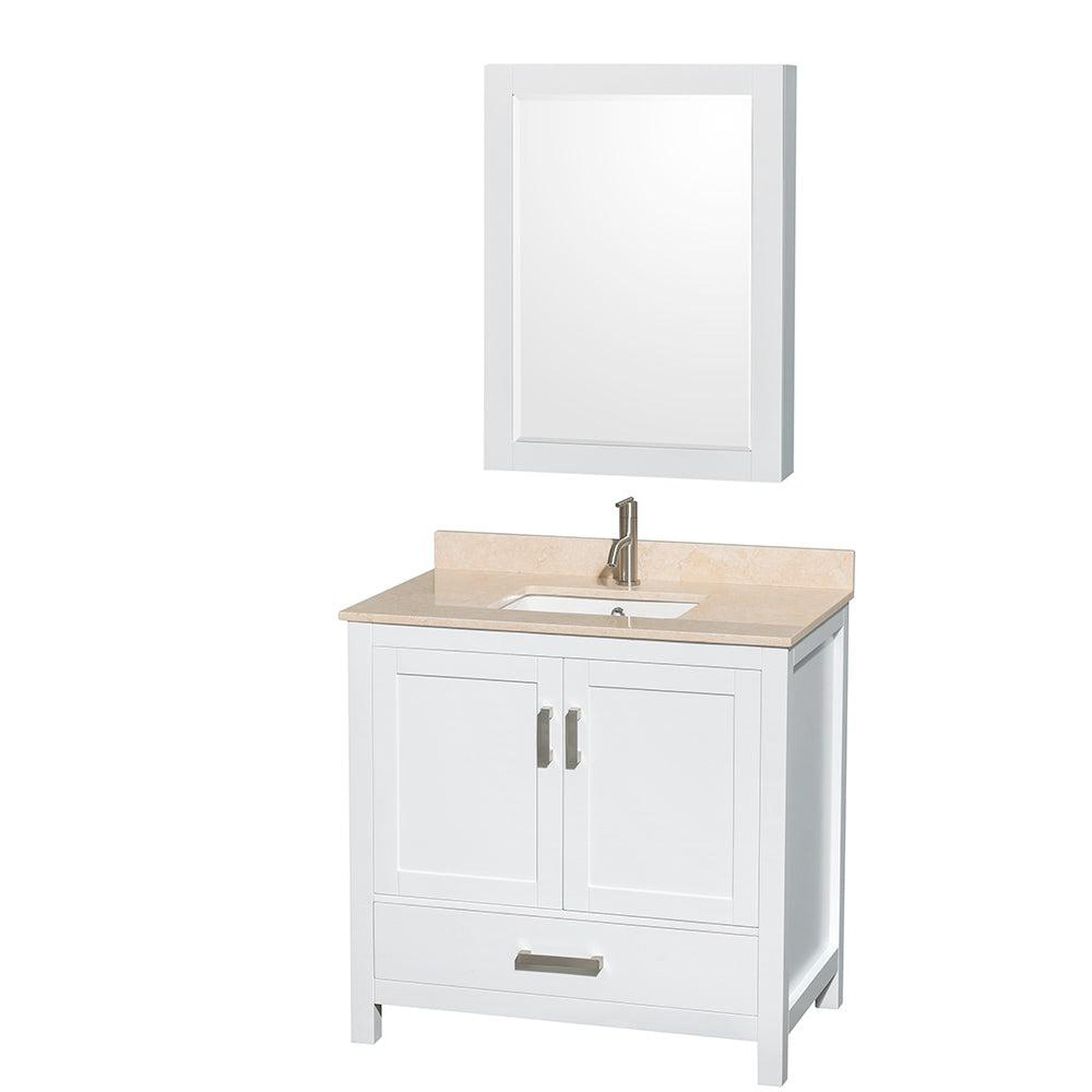 Wyndham Collection Sheffield 36" Single Bathroom Vanity in White, Ivory Marble Countertop, Undermount Square Sink, and Medicine Cabinet