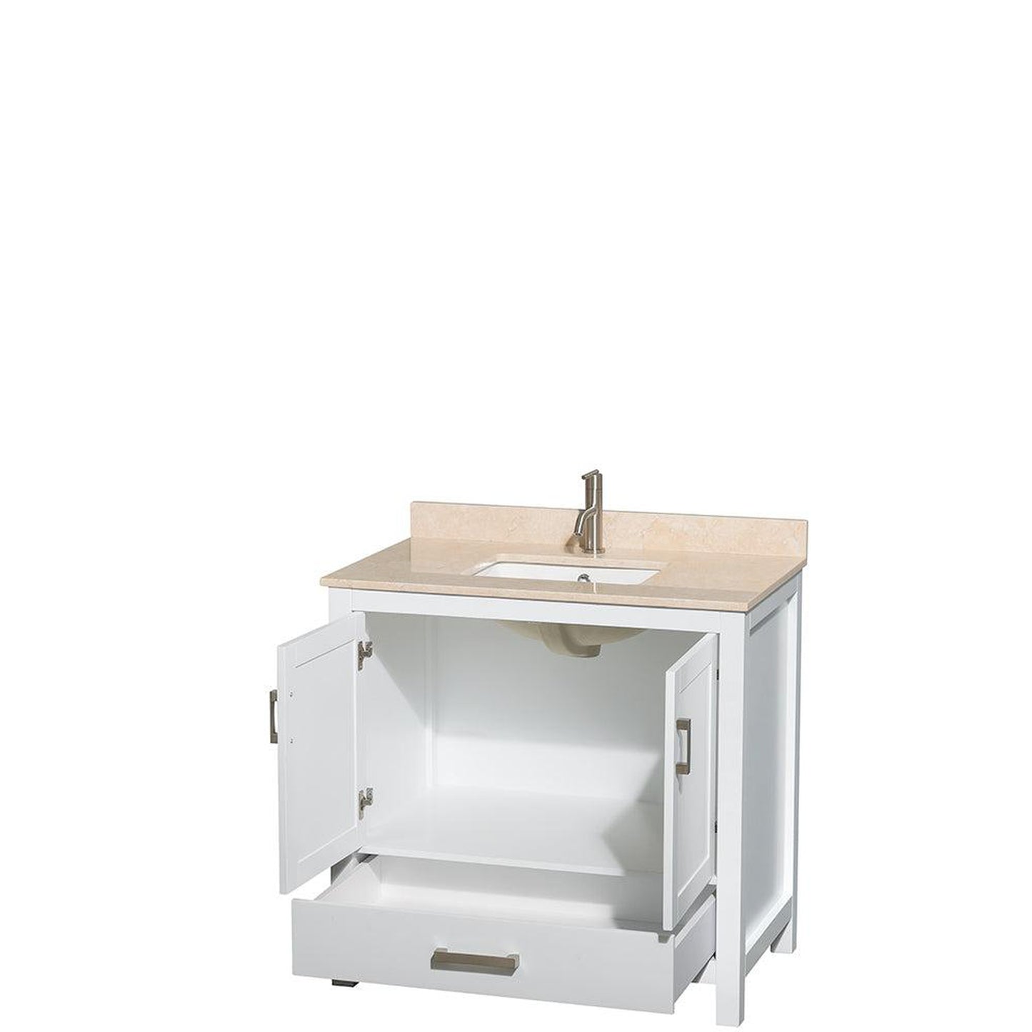 Wyndham Collection Sheffield 36" Single Bathroom Vanity in White, Ivory Marble Countertop, Undermount Square Sink, and No Mirror