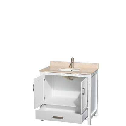 Wyndham Collection Sheffield 36" Single Bathroom Vanity in White, Ivory Marble Countertop, Undermount Square Sink, and No Mirror