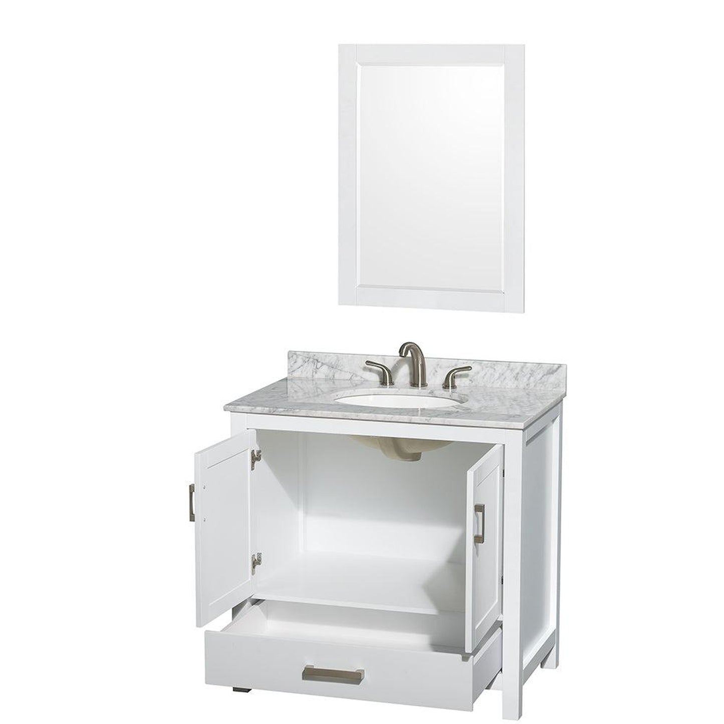 Wyndham Collection Sheffield 36" Single Bathroom Vanity in White, White Carrara Marble Countertop, Undermount Oval Sink, and 24" Mirror
