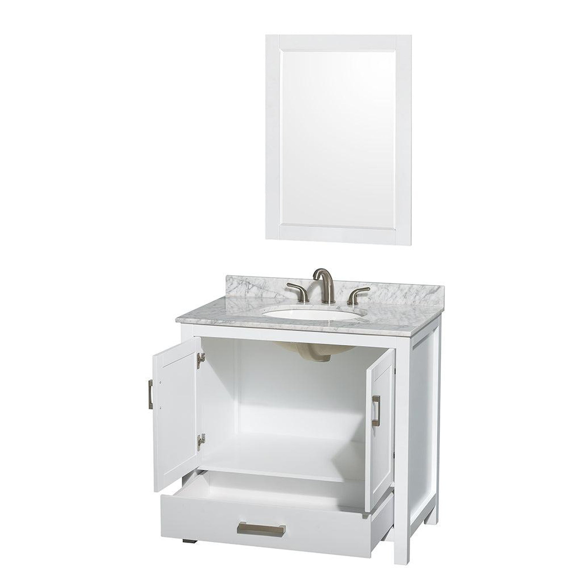 Wyndham Collection Sheffield 36" Single Bathroom Vanity in White, White Carrara Marble Countertop, Undermount Oval Sink, and 24" Mirror