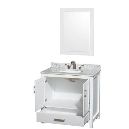 Wyndham Collection Sheffield 36" Single Bathroom Vanity in White, White Carrara Marble Countertop, Undermount Oval Sink, and 24" Mirror
