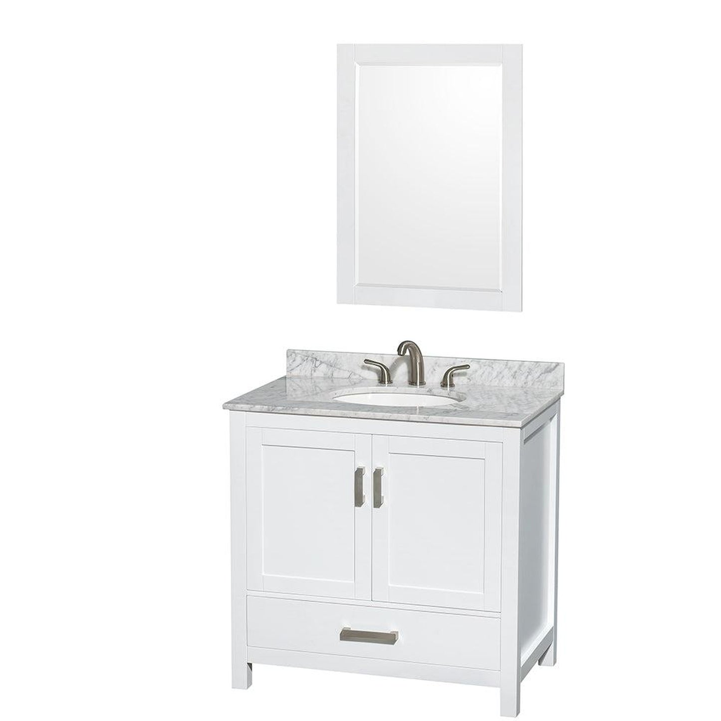 Wyndham Collection Sheffield 36" Single Bathroom Vanity in White, White Carrara Marble Countertop, Undermount Oval Sink, and 24" Mirror