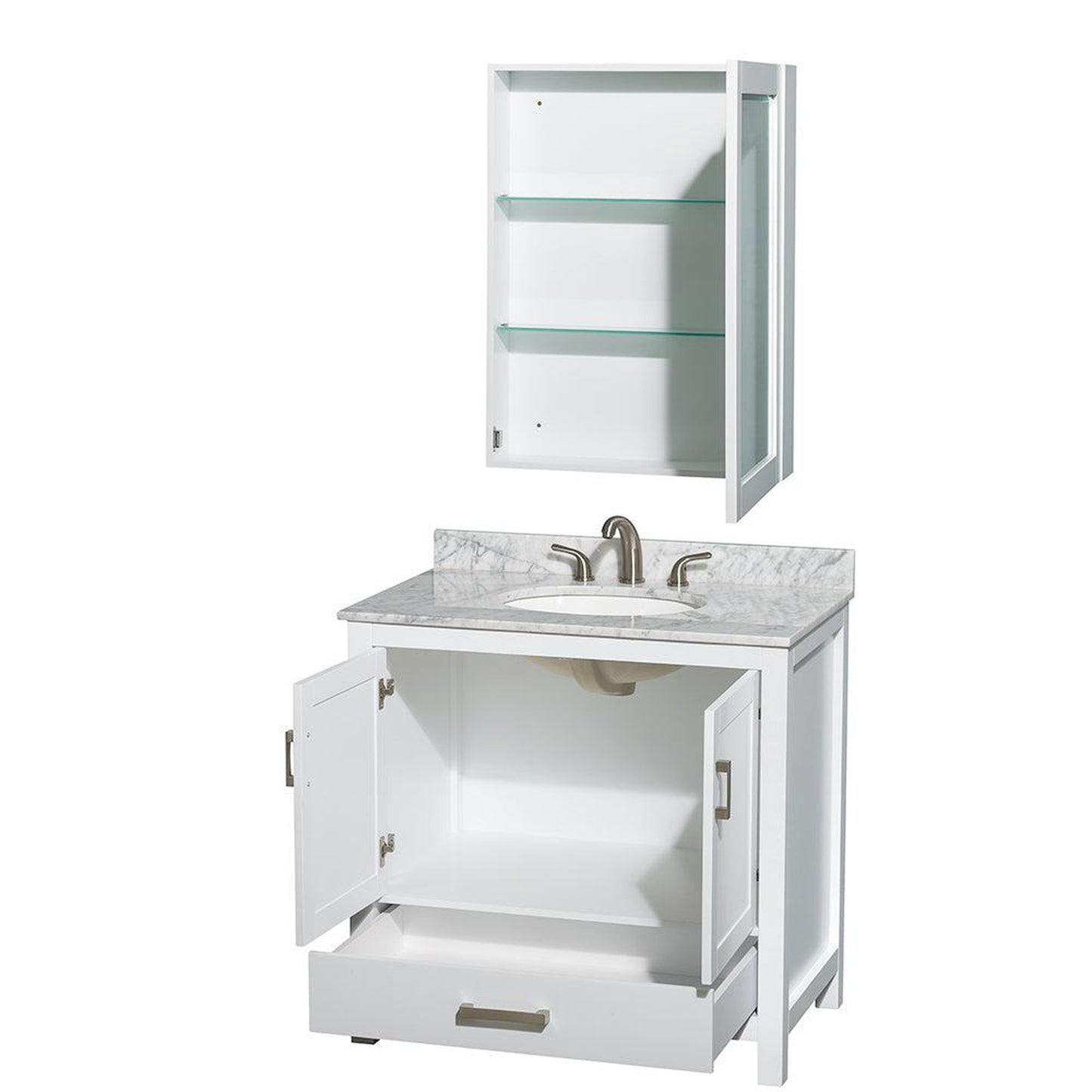 Wyndham Collection Sheffield 36" Single Bathroom Vanity in White, White Carrara Marble Countertop, Undermount Oval Sink, and Medicine Cabinet