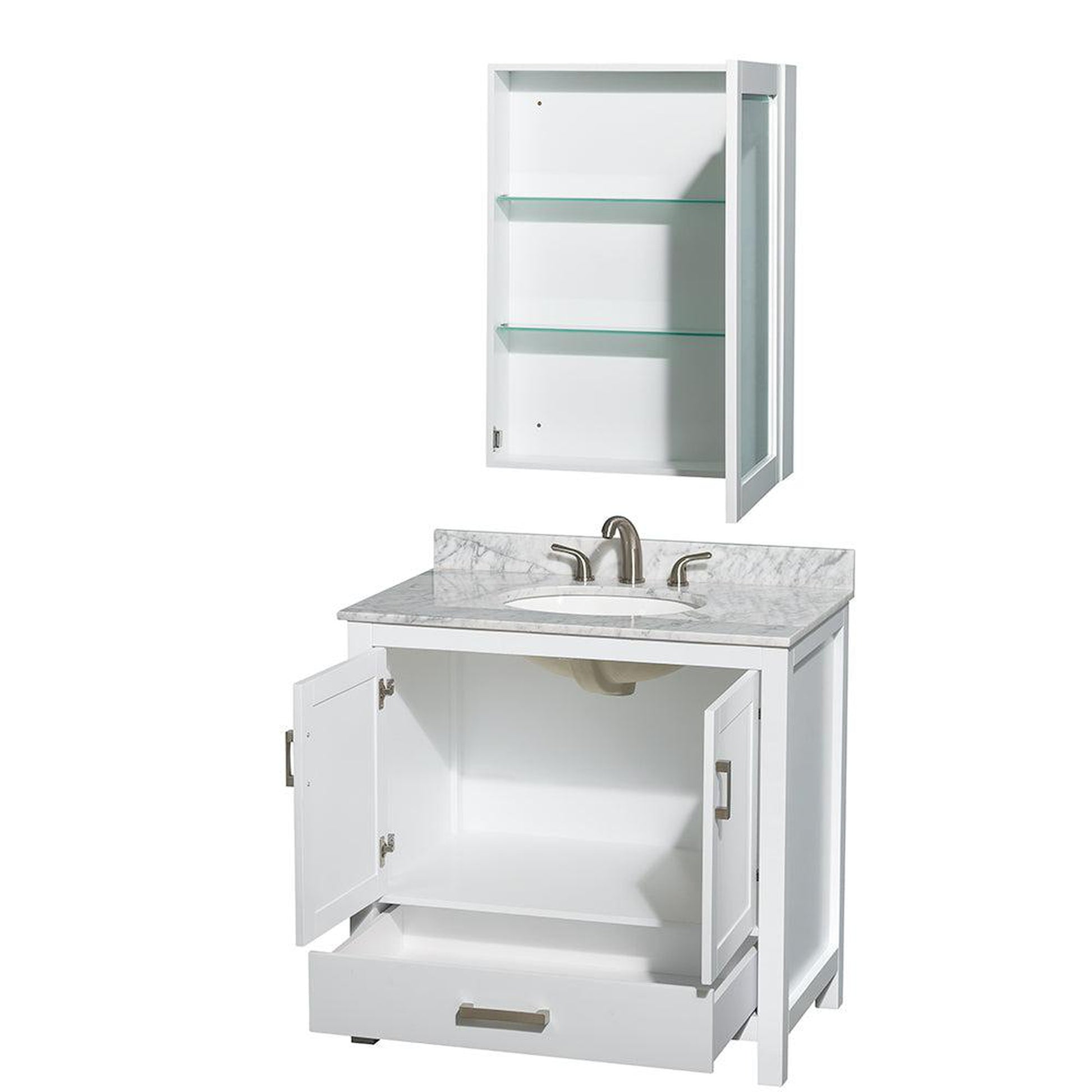 Wyndham Collection Sheffield 36" Single Bathroom Vanity in White, White Carrara Marble Countertop, Undermount Oval Sink, and Medicine Cabinet