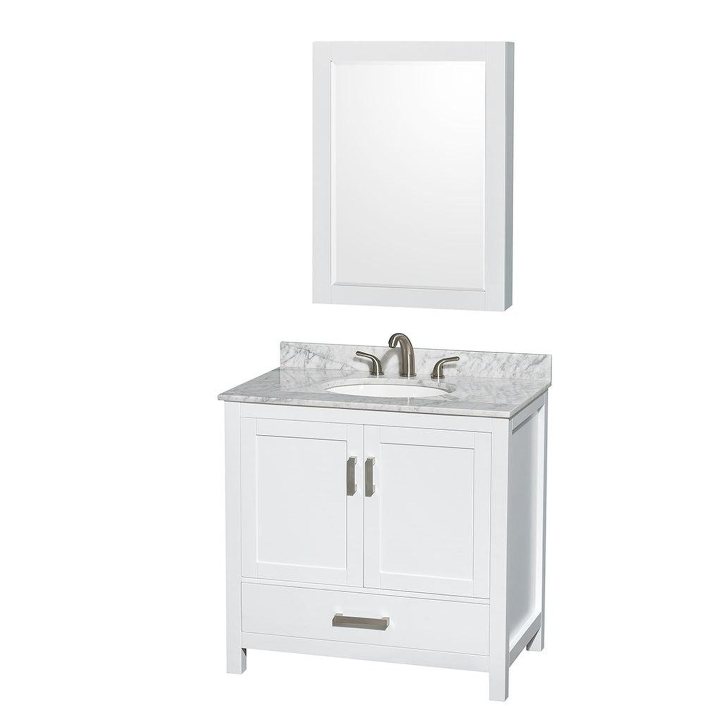 Wyndham Collection Sheffield 36" Single Bathroom Vanity in White, White Carrara Marble Countertop, Undermount Oval Sink, and Medicine Cabinet