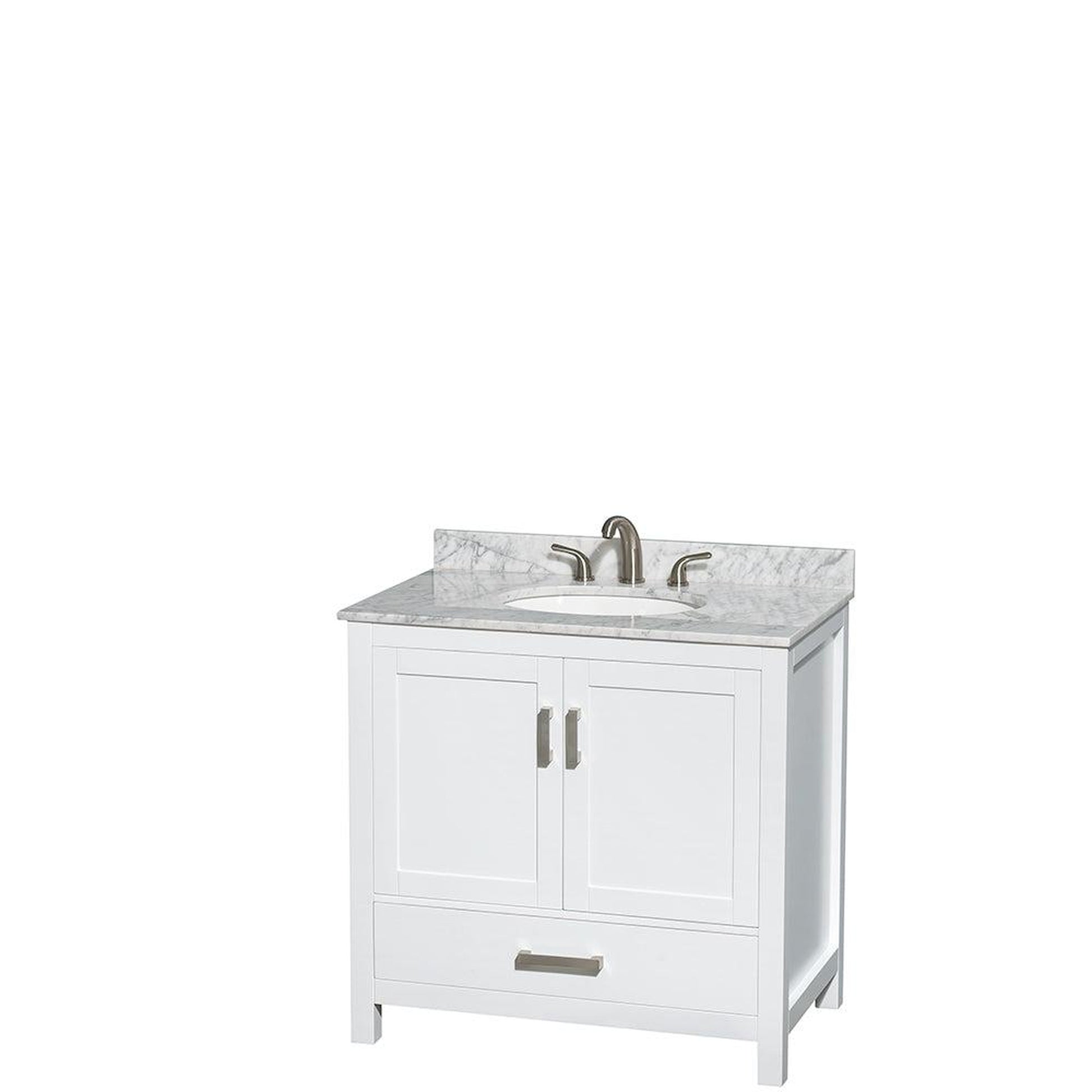 Wyndham Collection Sheffield 36" Single Bathroom Vanity in White, White Carrara Marble Countertop, Undermount Oval Sink, and No Mirror