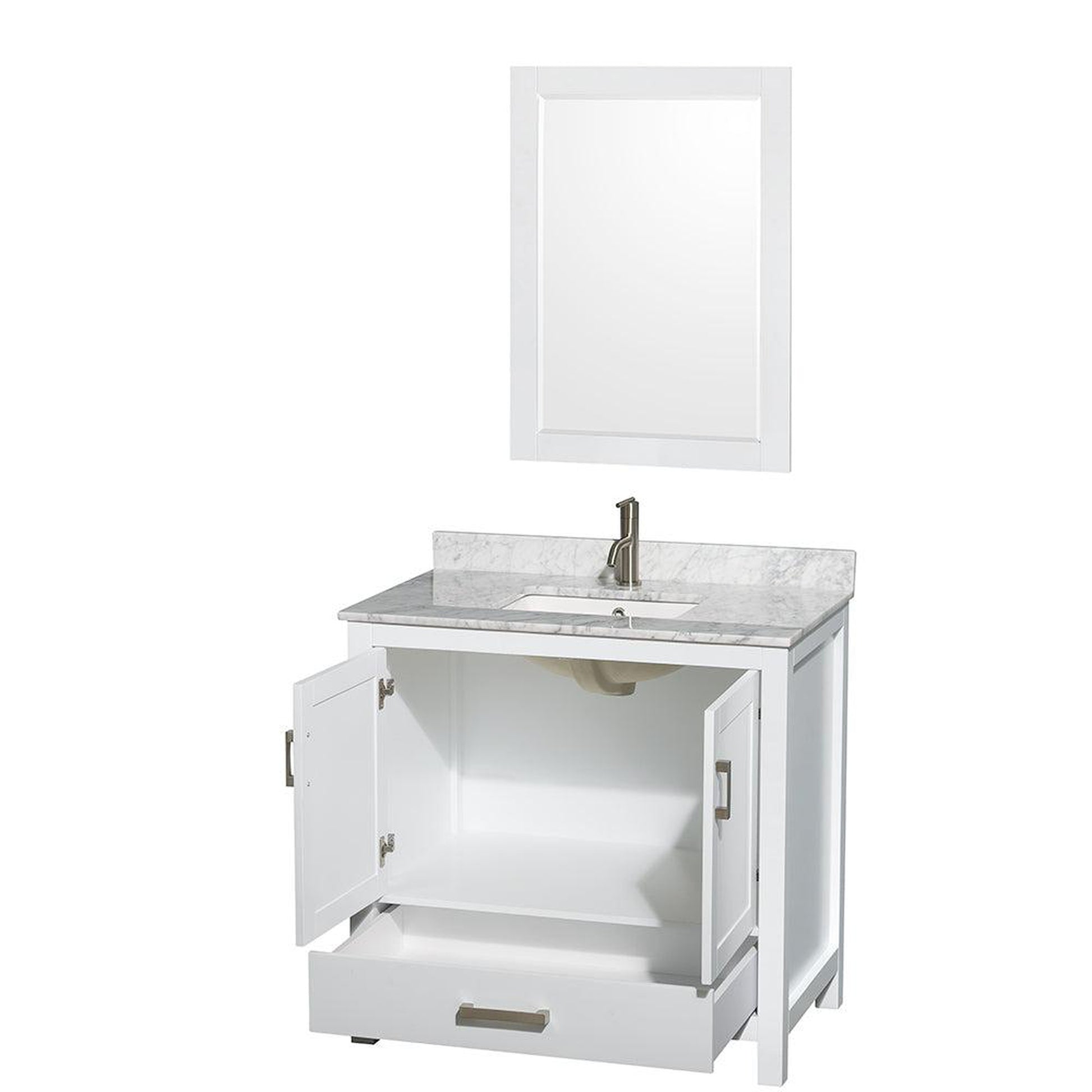 Wyndham Collection Sheffield 36" Single Bathroom Vanity in White, White Carrara Marble Countertop, Undermount Square Sink, and 24" Mirror