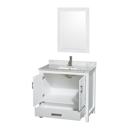 Wyndham Collection Sheffield 36" Single Bathroom Vanity in White, White Carrara Marble Countertop, Undermount Square Sink, and 24" Mirror