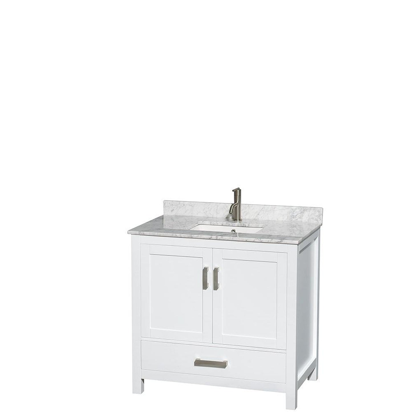 Wyndham Collection Sheffield 36" Single Bathroom Vanity in White, White Carrara Marble Countertop, Undermount Square Sink, and 24" Mirror