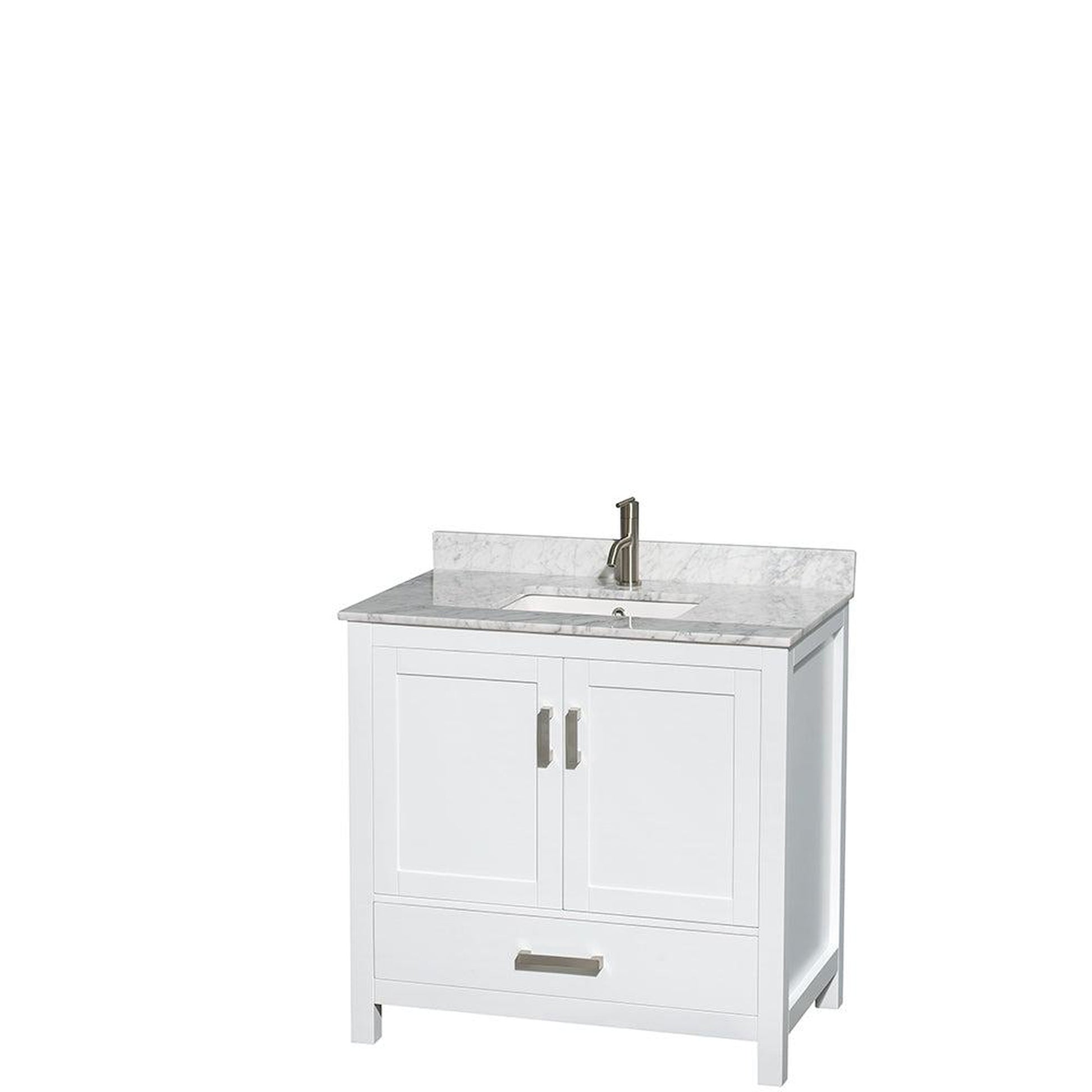 Wyndham Collection Sheffield 36" Single Bathroom Vanity in White, White Carrara Marble Countertop, Undermount Square Sink, and 24" Mirror