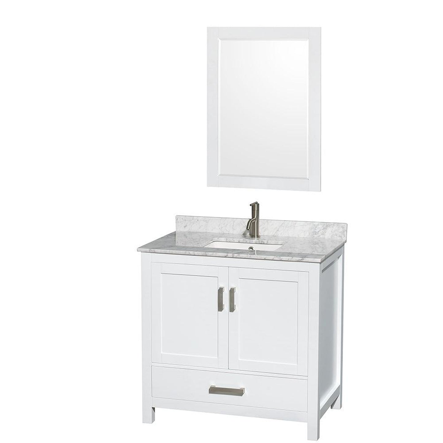 Wyndham Collection Sheffield 36" Single Bathroom Vanity in White, White Carrara Marble Countertop, Undermount Square Sink, and 24" Mirror
