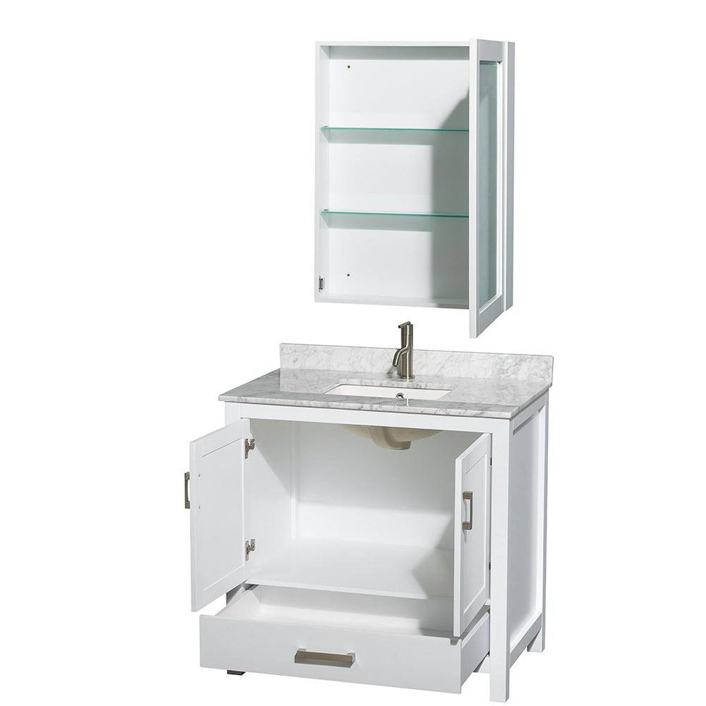 Wyndham Collection Sheffield 36" Single Bathroom Vanity in White, White Carrara Marble Countertop, Undermount Square Sink, and Medicine Cabinet