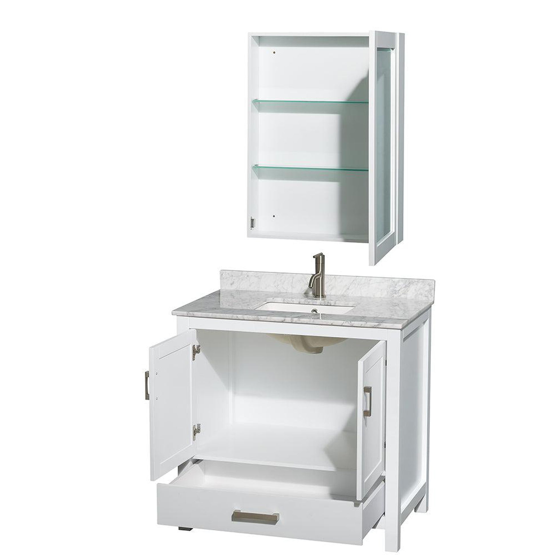 Wyndham Collection Sheffield 36" Single Bathroom Vanity in White, White Carrara Marble Countertop, Undermount Square Sink, and Medicine Cabinet