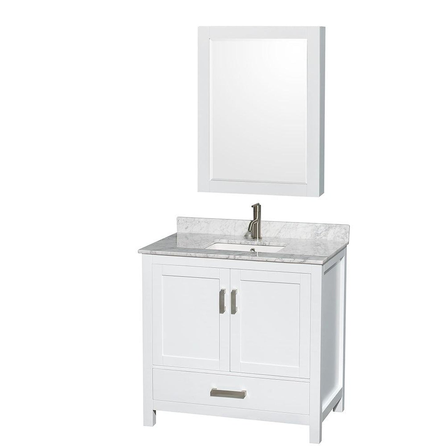 Wyndham Collection Sheffield 36" Single Bathroom Vanity in White, White Carrara Marble Countertop, Undermount Square Sink, and Medicine Cabinet