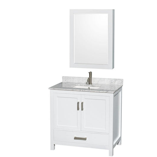 Wyndham Collection Sheffield 36" Single Bathroom Vanity in White, White Carrara Marble Countertop, Undermount Square Sink, and Medicine Cabinet