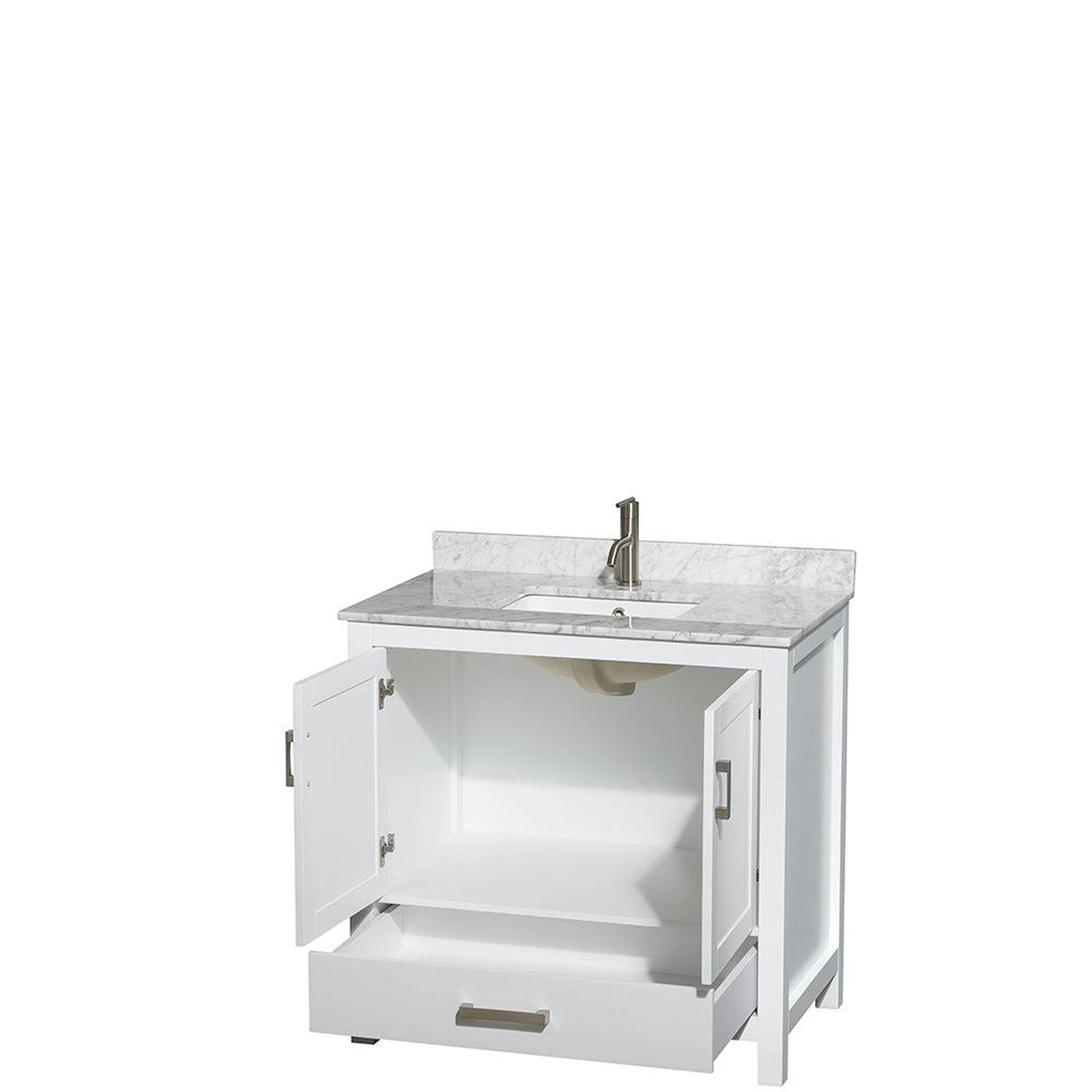 Wyndham Collection Sheffield 36" Single Bathroom Vanity in White, White Carrara Marble Countertop, Undermount Square Sink, and No Mirror
