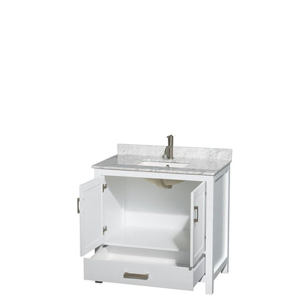 Wyndham Collection Sheffield 36" Single Bathroom Vanity in White, White Carrara Marble Countertop, Undermount Square Sink, and No Mirror