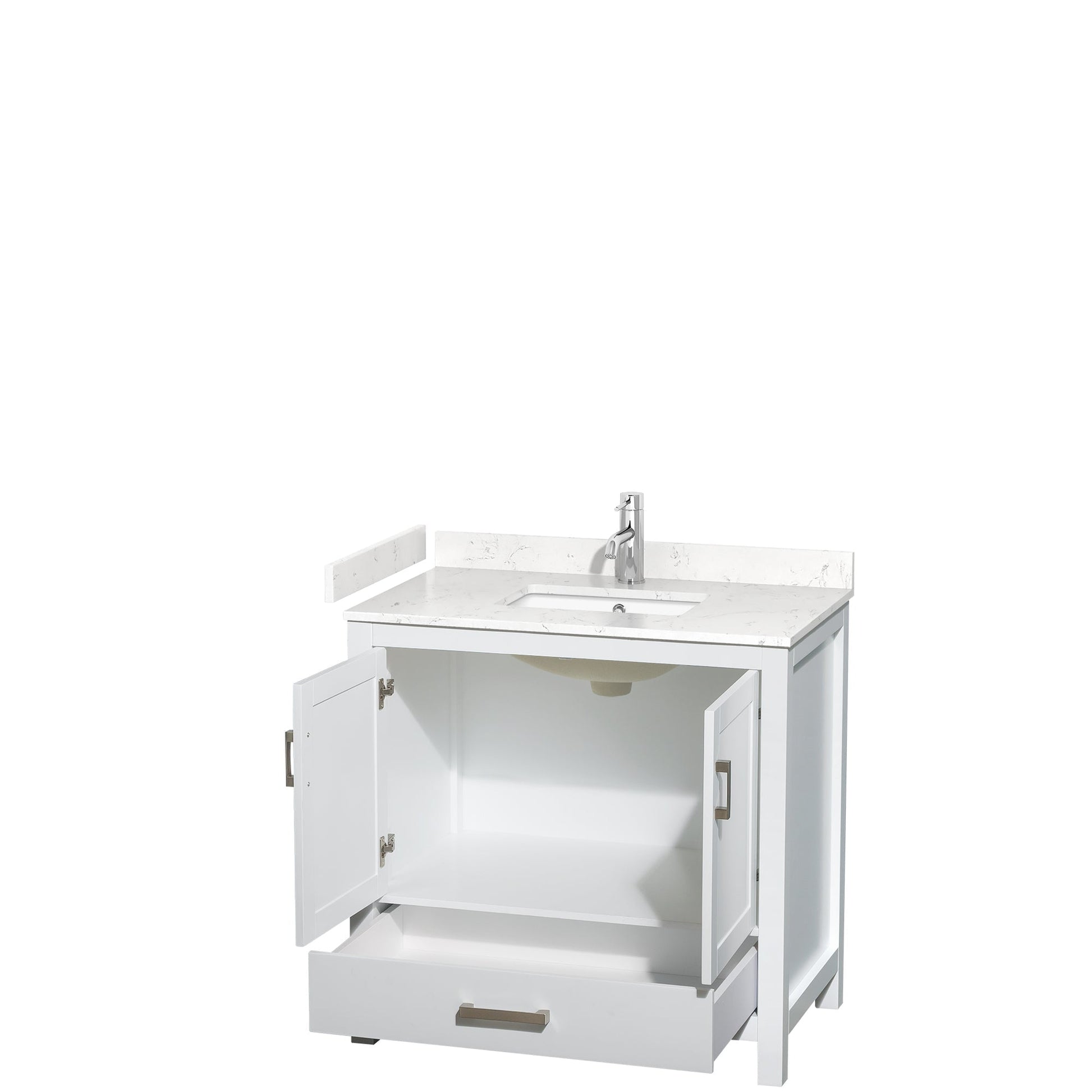 Wyndham Collection Sheffield 36" Single Bathroom Vanity in White, White Cultured Marble Countertop, Undermount Square Sink, 24" Mirror