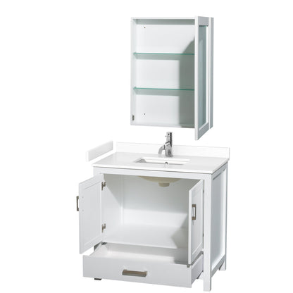 Wyndham Collection Sheffield 36" Single Bathroom Vanity in White, White Cultured Marble Countertop, Undermount Square Sink, Medicine Cabinet