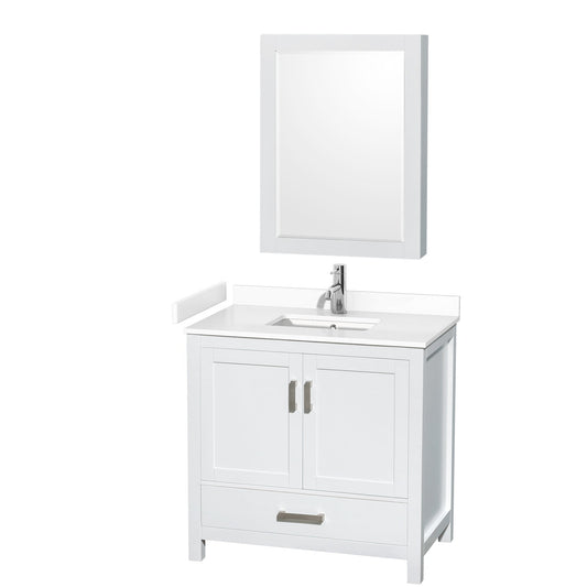 Wyndham Collection Sheffield 36" Single Bathroom Vanity in White, White Cultured Marble Countertop, Undermount Square Sink, Medicine Cabinet