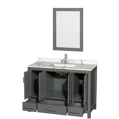 Wyndham Collection Sheffield 48" Single Bathroom Vanity in Dark Gray, Calacatta Quartz Countertop, Undermount Square Sink, 24" Mirror