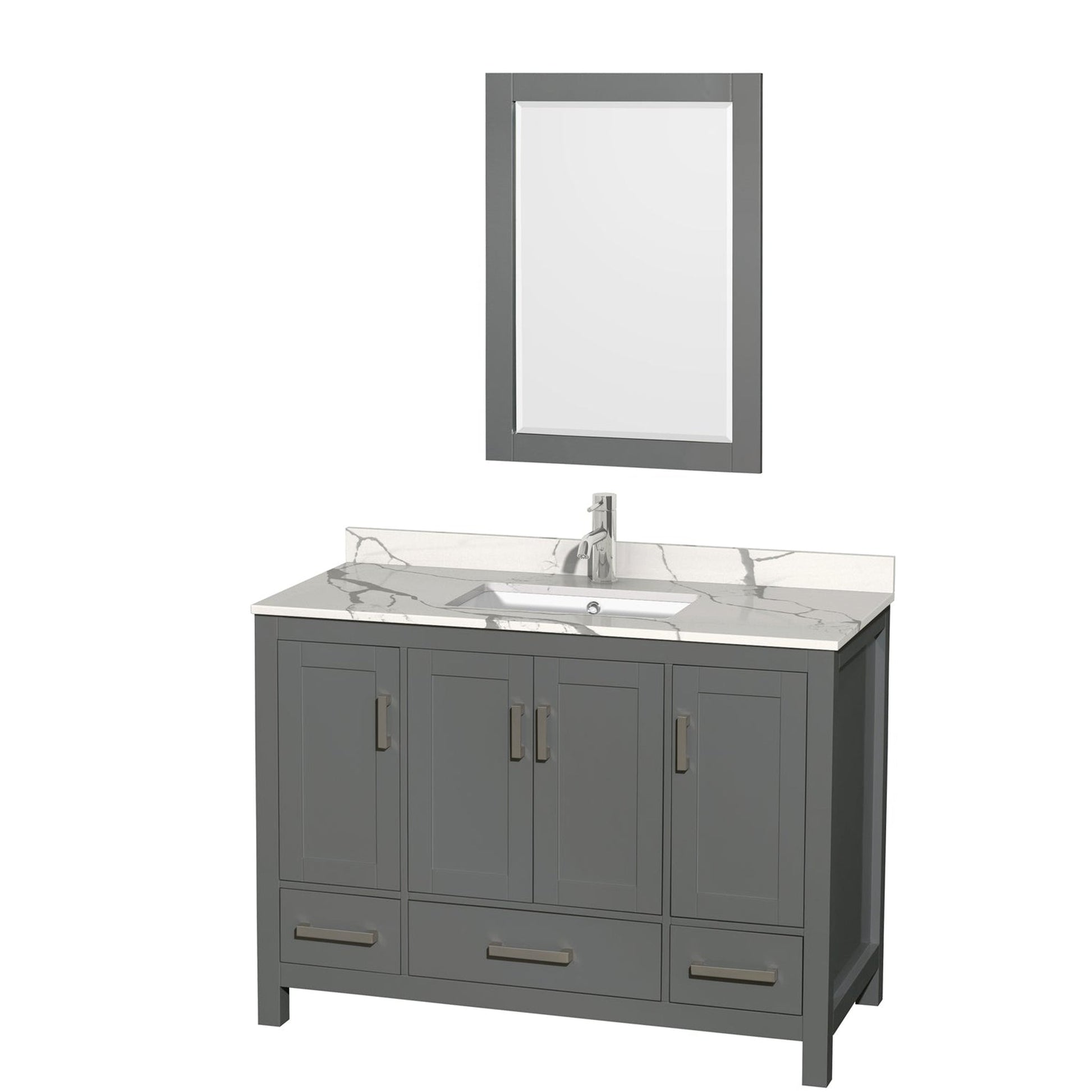 Wyndham Collection Sheffield 48" Single Bathroom Vanity in Dark Gray, Calacatta Quartz Countertop, Undermount Square Sink, 24" Mirror