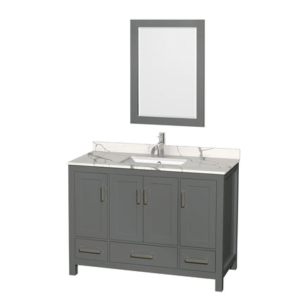 Wyndham Collection Sheffield 48" Single Bathroom Vanity in Dark Gray, Calacatta Quartz Countertop, Undermount Square Sink, 24" Mirror