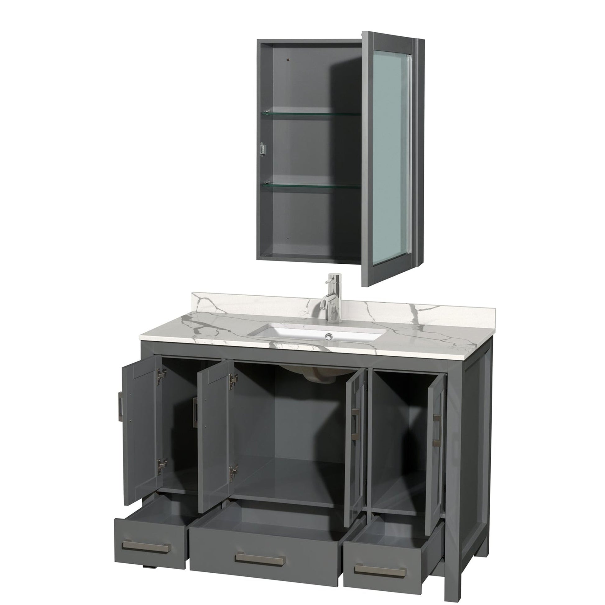 Wyndham Collection Sheffield 48" Single Bathroom Vanity in Dark Gray, Calacatta Quartz Countertop, Undermount Square Sink, Medicine Cabinet