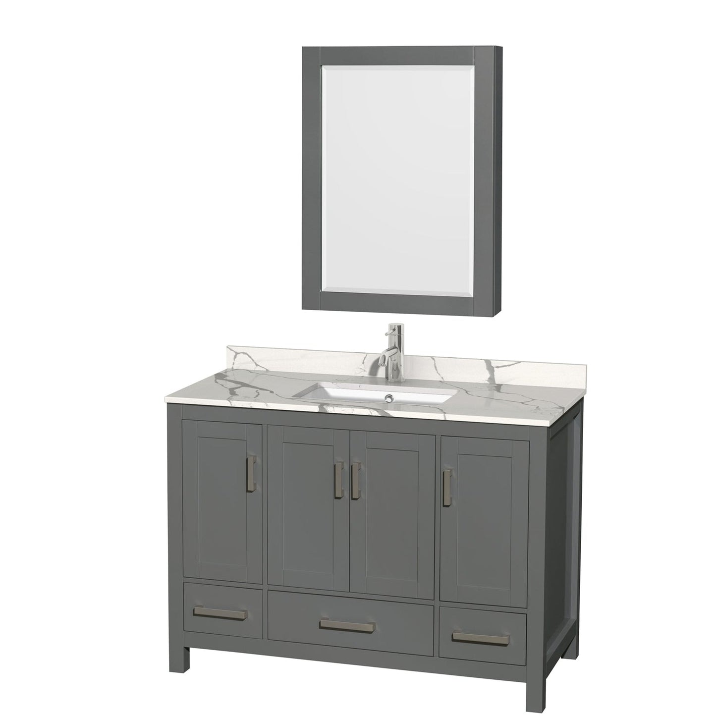 Wyndham Collection Sheffield 48" Single Bathroom Vanity in Dark Gray, Calacatta Quartz Countertop, Undermount Square Sink, Medicine Cabinet