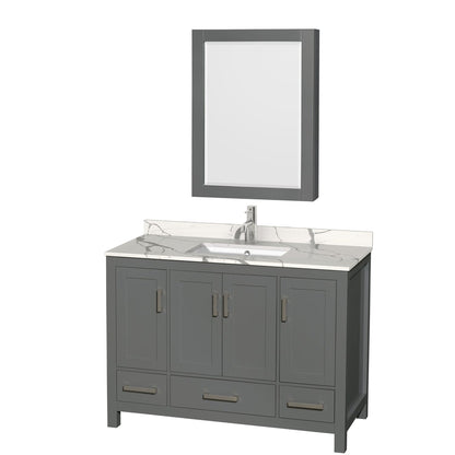 Wyndham Collection Sheffield 48" Single Bathroom Vanity in Dark Gray, Calacatta Quartz Countertop, Undermount Square Sink, Medicine Cabinet