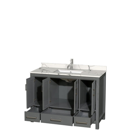 Wyndham Collection Sheffield 48" Single Bathroom Vanity in Dark Gray, Calacatta Quartz Countertop, Undermount Square Sink, No Mirror