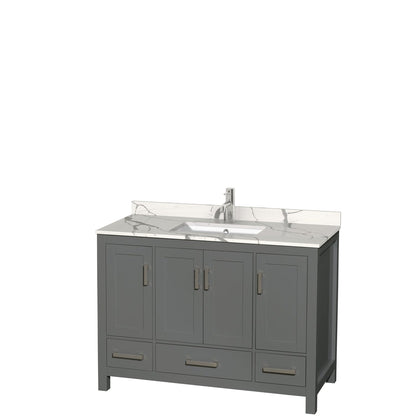 Wyndham Collection Sheffield 48" Single Bathroom Vanity in Dark Gray, Calacatta Quartz Countertop, Undermount Square Sink, No Mirror