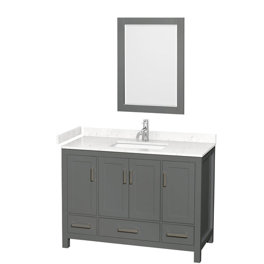Wyndham Collection Sheffield 48" Single Bathroom Vanity in Dark Gray, Carrara Cultured Marble Countertop, Undermount Square Sink, 24" Mirror