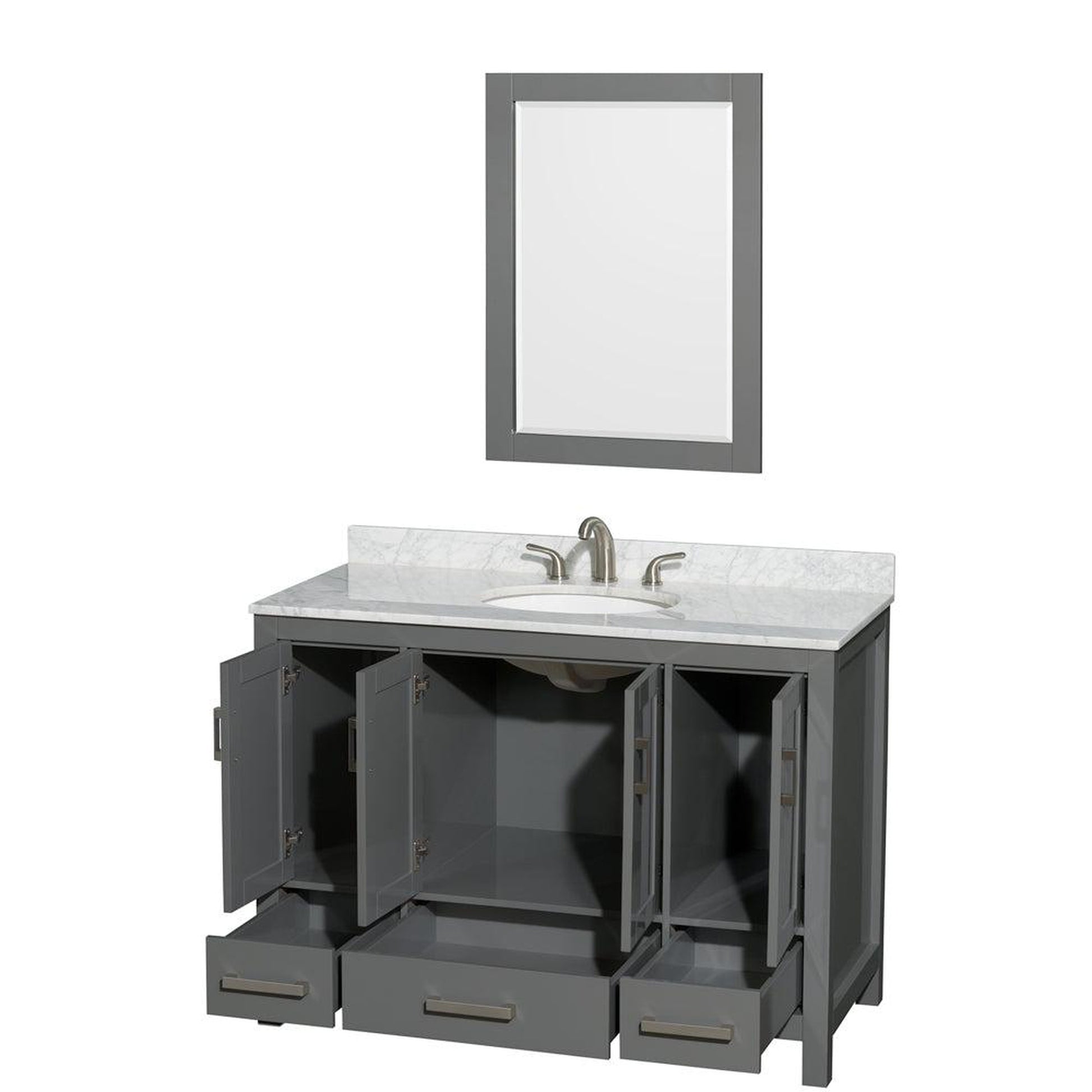 Wyndham Collection Sheffield 48" Single Bathroom Vanity in Dark Gray, White Carrara Marble Countertop, Undermount Oval Sink, and 24" Mirror