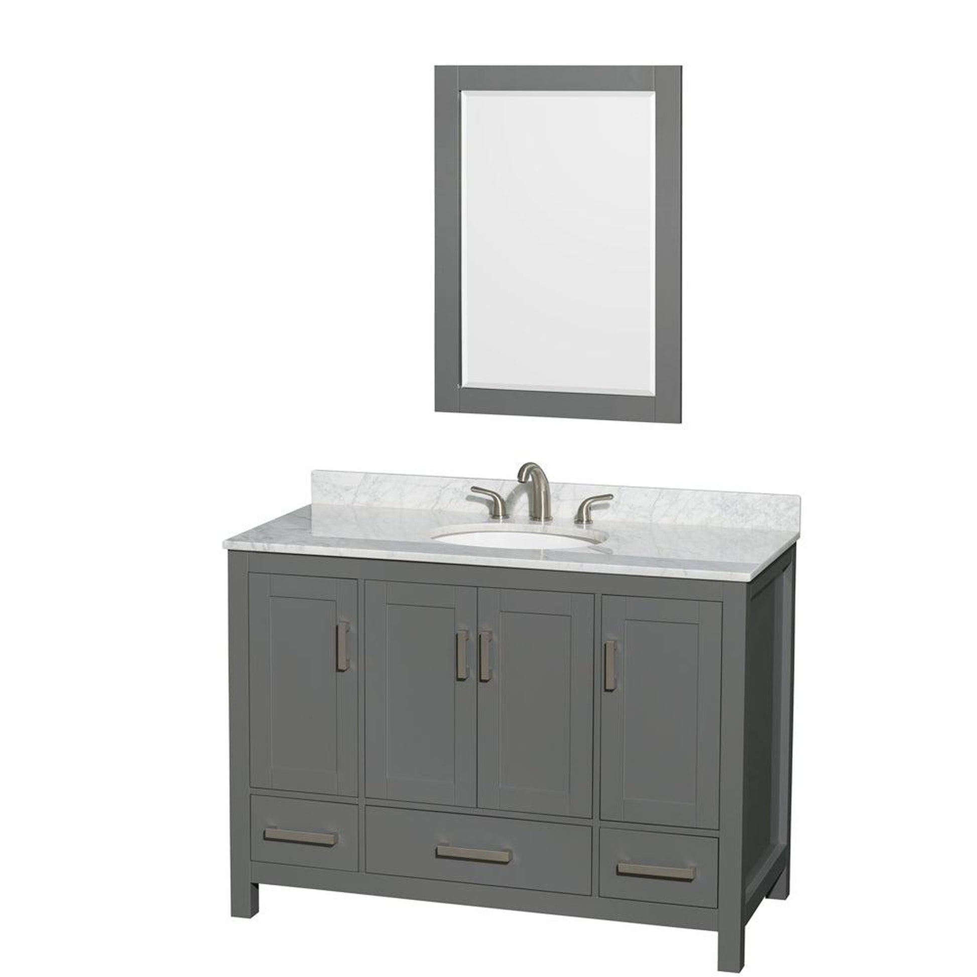 Wyndham Collection Sheffield 48" Single Bathroom Vanity in Dark Gray, White Carrara Marble Countertop, Undermount Oval Sink, and 24" Mirror
