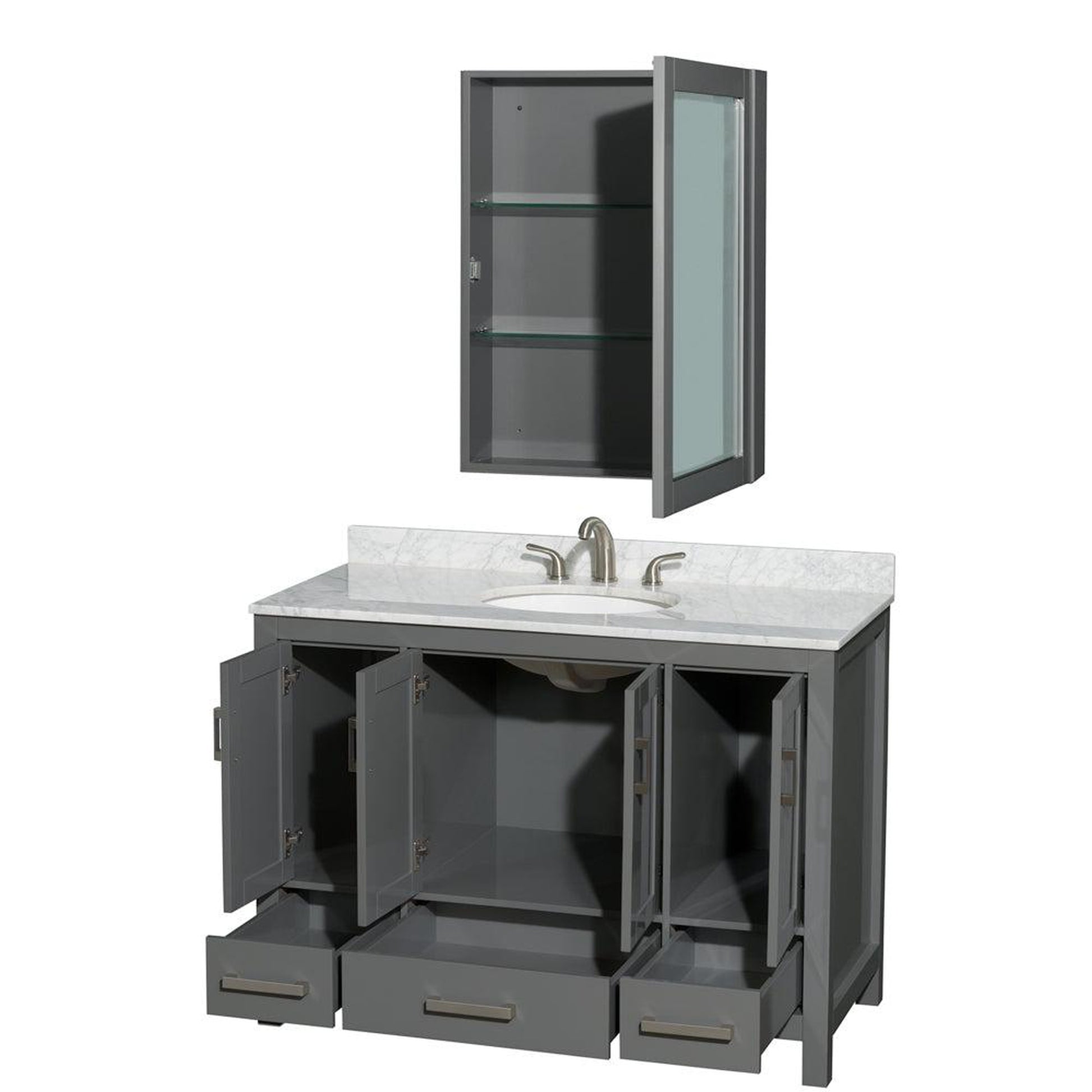 Wyndham Collection Sheffield 48" Single Bathroom Vanity in Dark Gray, White Carrara Marble Countertop, Undermount Oval Sink, and Medicine Cabinet